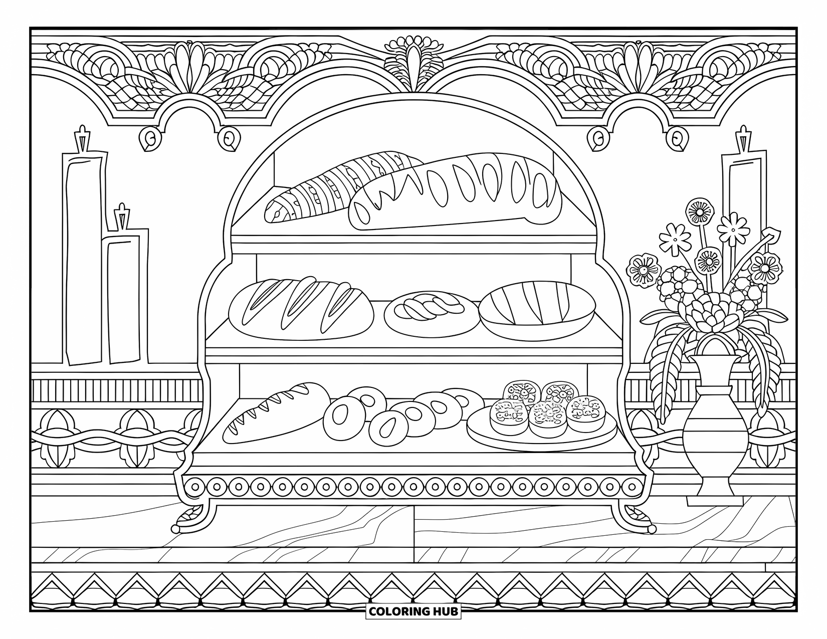 Restaurant Coloring Page for Adults: Pastries rest on a marble counter beside a vase and detailed decorative borders