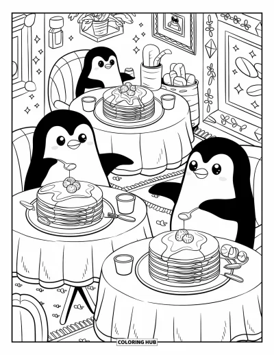 Coloriage de restaurant pour adultes : Une famille de pingouins attrape le sirop d'érable à une table couverte de crêpes