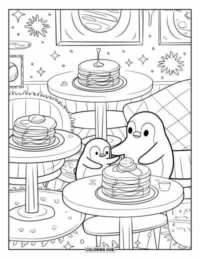 Coloriage de restaurant pour adultes : Des pingouins dégustent des crêpes ensemble sous des étincelles et des œuvres encadrées