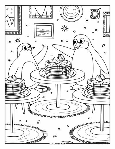 Coloriage de restaurant pour adultes : Des pingouins se rassemblent autour de crêpes dans une petite maison à crêpes chaleureuse