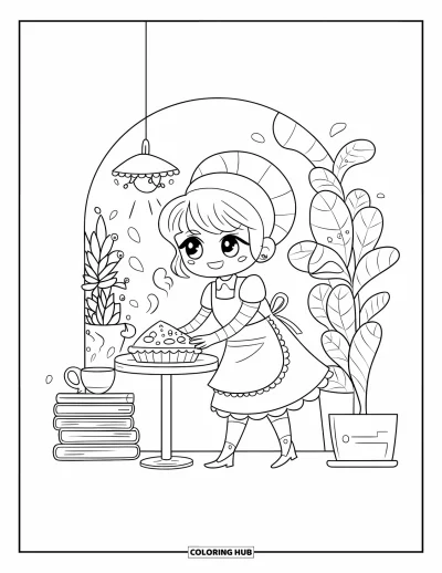 Coloriage de restaurant pour adultes : Une tarte est servie avec soin dans un coin paisible rempli de livres et de vapeur parfumée