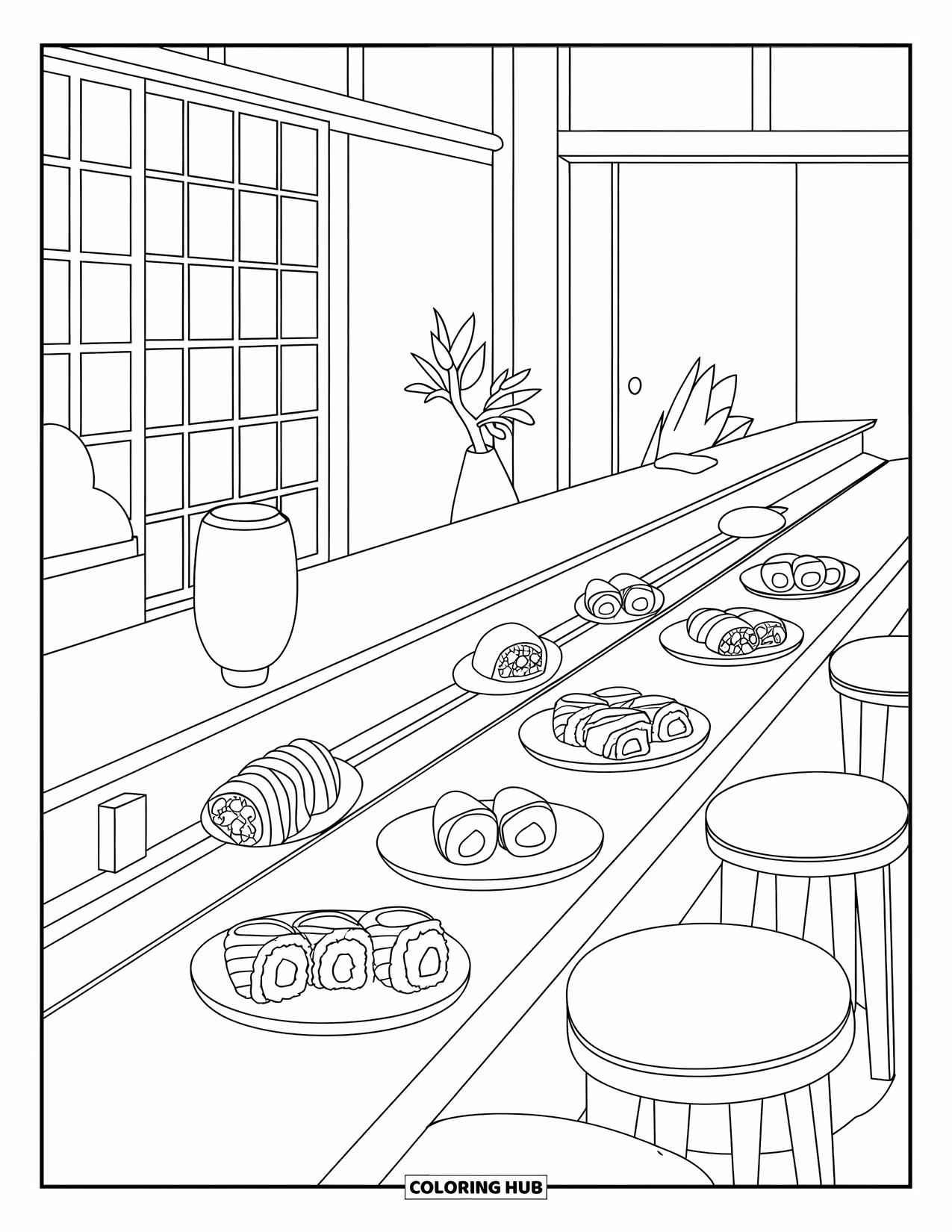 Restaurant Coloring Page for Adults: Plates of sushi roll by on a belt beside stools and a wooden counter