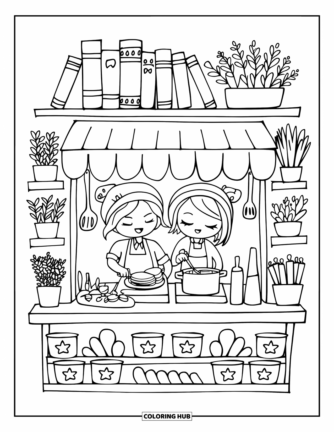 Restaurant Coloring Page for Adults: Roommates cook together in a tiny kitchen filled with cozy shelves and warm details