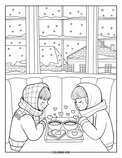 Coloriage de restaurant pour adultes : Des flocons de neige tombent dehors tandis que deux amis savourent une soupe chaude et des toasts