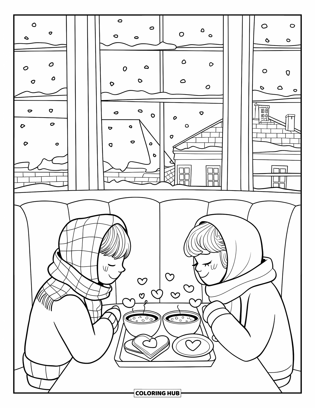 Restaurant Coloring Page for Adults: Snowflakes fall outside as two friends enjoy warm soup and toast together