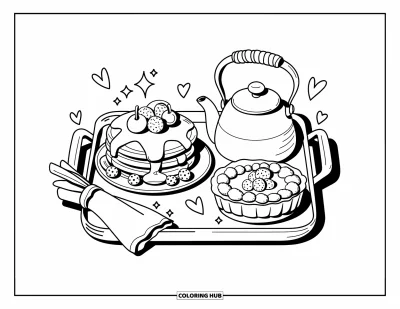 Coloriage de restaurant pour adultes : Une pile de crêpes, une tartelette aux fruits et une théière dans une scène de brunch pétillante et chaleureuse