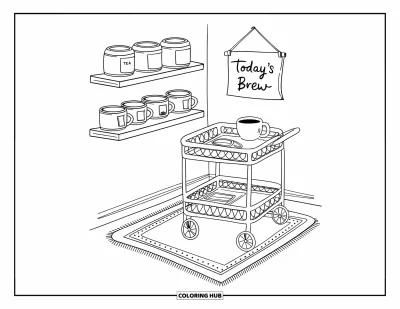 Coloriage de restaurant pour adultes : Coin thé avec de jolis plateaux, des boîtes étiquetées et une enseigne « Today's Brew » suspendue au-dessus
