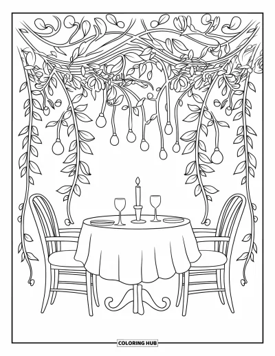 Coloriage de restaurant pour adultes : Deux chaises et des verres à vin sous des ampoules et des guirlandes de feuilles dans un cadre romantique et paisible