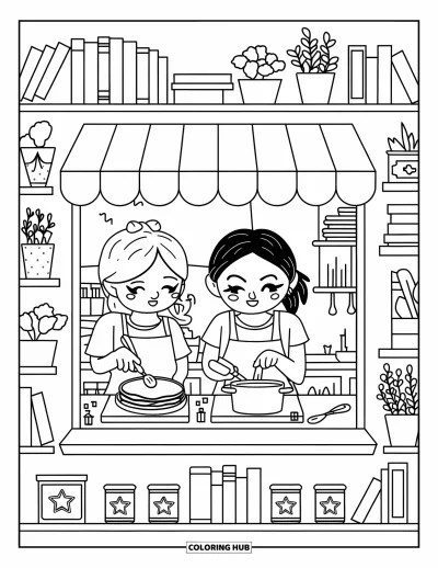 Coloriage de restaurant pour adultes : Deux amis cuisinent ensemble dans une petite cuisine avec des herbes, des livres de recettes et des épices étiquetées