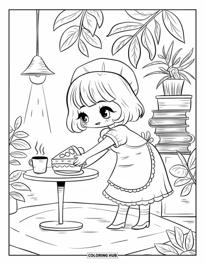 Coloriage de restaurant pour adultes : Une serveuse pose une tarte près du thé et de livres dans un salon de thé douillet rempli de plantes