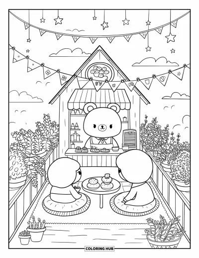 Coloriage de restaurant pour adultes : Café sur les toits où un chef ours partage des viennoiseries avec deux convives ravis