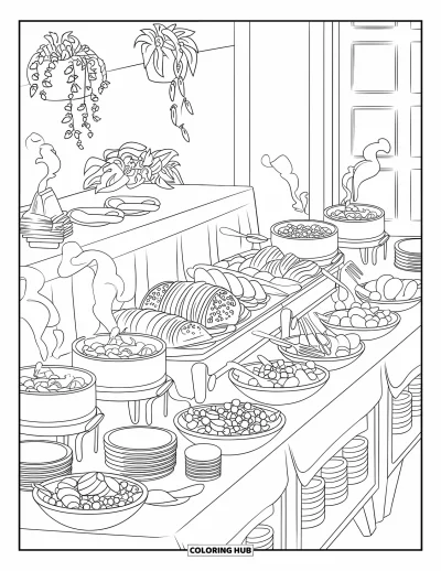 Coloriage de restaurant pour enfants : Un buffet bien rempli avec des plats, des salades et des marmites fumantes près de plantes en pots