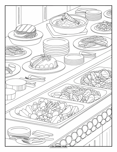 Coloriage de restaurant pour enfants : Table de buffet avec du steak, des crevettes, des pâtes, un gâteau et un bar à salades complet