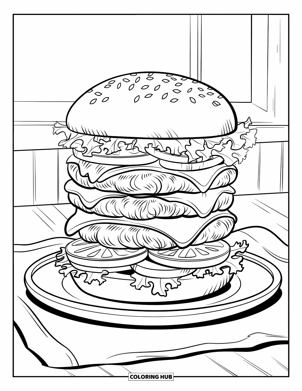 Restaurant Coloring Page for Kids: Burger stacked with lettuce and tomato rests on a plate beside dipping sauce