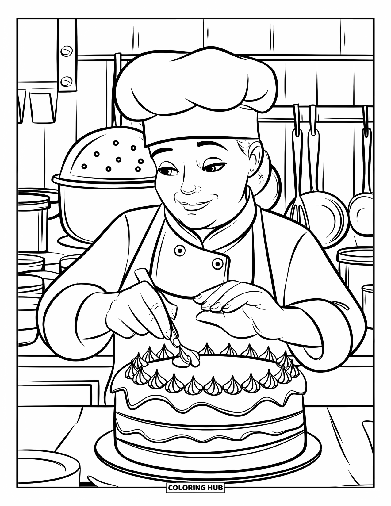 Restaurant Coloring Page for Kids: Cake with layers and frosting is decorated by a chef in a busy kitchen