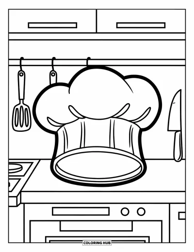 Coloriage de restaurant pour enfants : Une toque de chef rigolote est posée près d'ustensiles sur un comptoir de cuisine animé