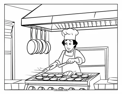 Coloriage de restaurant pour enfants : Un chef fait griller des hamburgers sous une hotte avec des casseroles et des poêles accrochées au-dessus