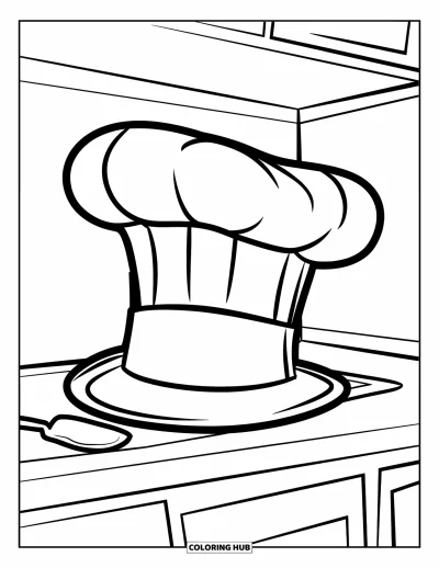 Coloriage de restaurant pour enfants : Une toque de chef est posée sur un comptoir à côté d'une spatule dans une cuisine chaleureuse