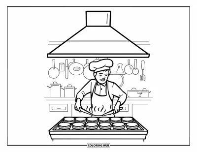 Coloriage de restaurant pour enfants : Un chef en tablier fait griller des hamburgers sur un gril animé avec des ustensiles en arrière-plan
