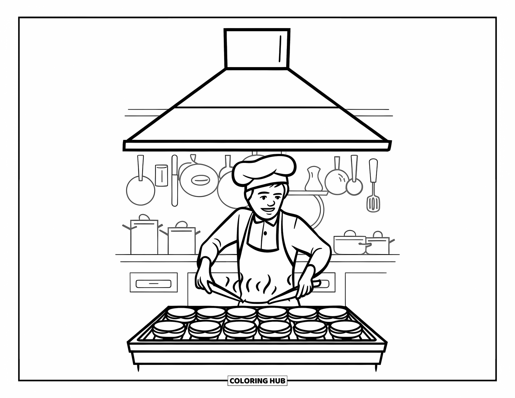 Restaurant Coloring Page for Kids: Chef in apron flips burgers on a busy grill with utensils in the background