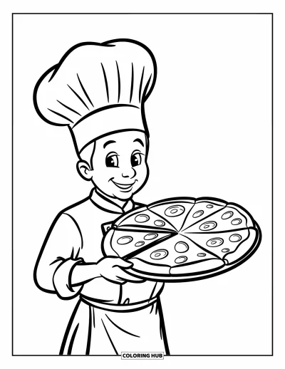 Coloriage de restaurant pour enfants : Un chef en haute toque tient une pizza avec quelques parts manquantes sur un plateau en bois