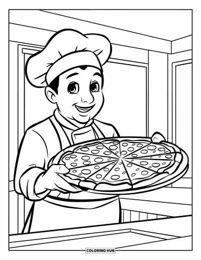 Coloriage de restaurant pour enfants : Un chef tient fièrement une pizza sur un plateau à côté du comptoir de cuisine