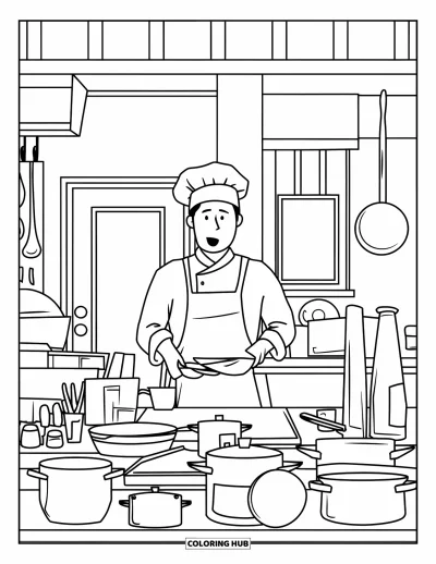 Coloriage de restaurant pour enfants : Un chef debout derrière le comptoir avec casseroles et ingrédients lance les commandes en cuisine