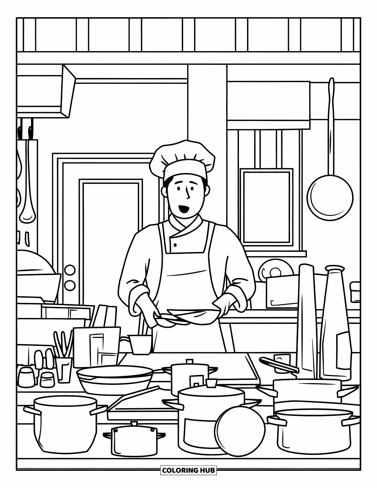 Restaurant Coloring Page for Kids: Chef stands behind the counter with pots and ingredients, calling out kitchen orders