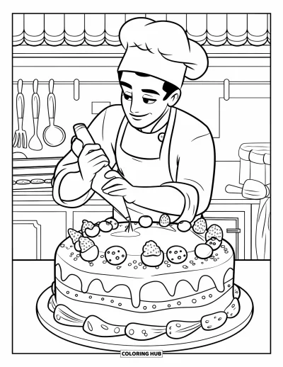 Coloriage de restaurant pour enfants : Un chef utilise une poche à douille pour décorer un gâteau à étages avec vermicelles et fruits