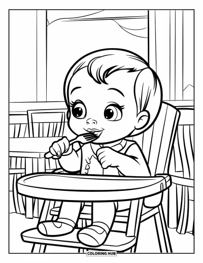 Coloriage de restaurant pour enfants : Un enfant souriant dans une chaise haute avec des tables et des chaises en arrière-plan