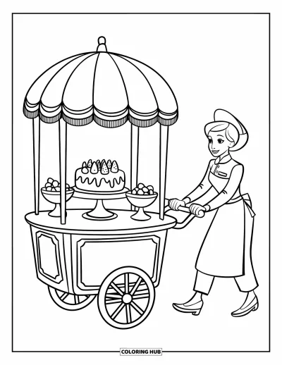Coloriage de restaurant pour enfants : Un chariot à desserts avec gâteau et fruits est poussé par un serveur en uniforme