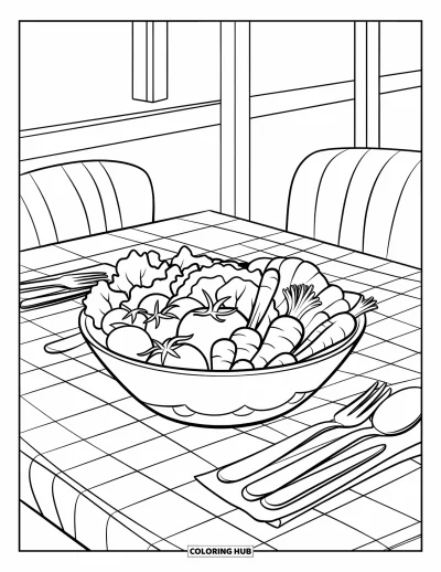 Coloriage de restaurant pour enfants : Un saladier détaillé avec des légumes et des couverts sur une table à carreaux de restaurant