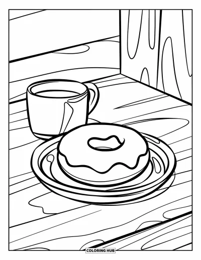Coloriage de restaurant pour enfants : Une assiette avec un beignet et une petite tasse posée sur une surface en bois