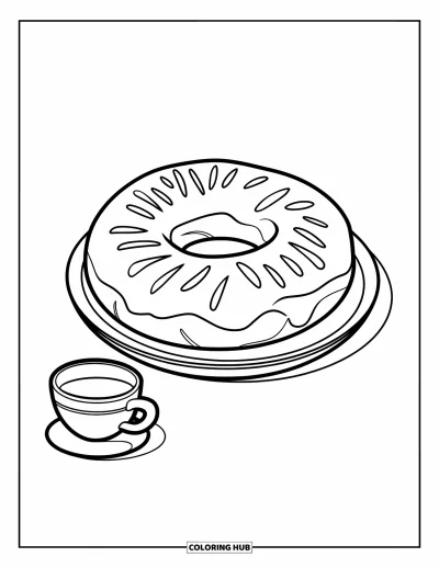 Coloriage de restaurant pour enfants : Un beignet est posé sur une assiette avec une petite tasse dans un moment calme de cuisine