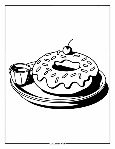 Coloriage de restaurant pour enfants : Un beignet avec une cerise et des vermicelles colorés est posé à côté d'une tasse sur une petite assiette