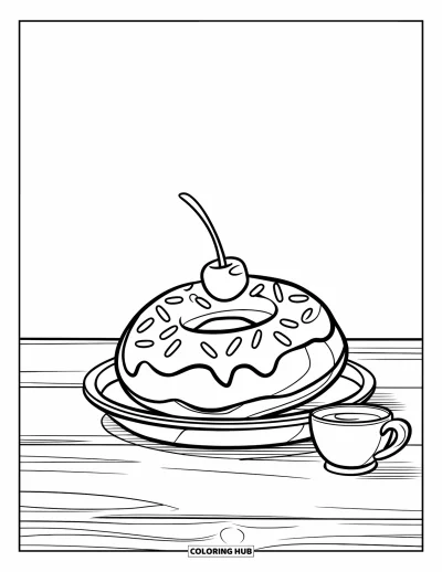 Coloriage de restaurant pour enfants : Un beignet avec des vermicelles et une cerise est posé sur une assiette à côté d'une petite tasse