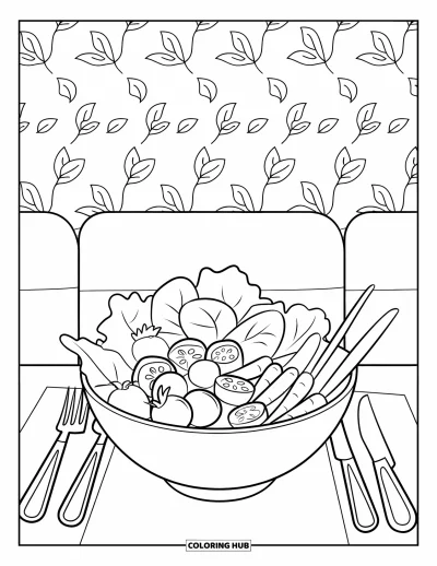 Coloriage de restaurant pour enfants : Une salade fraîche avec de la laitue et des tomates est posée sur une table avec une fourchette et un couteau