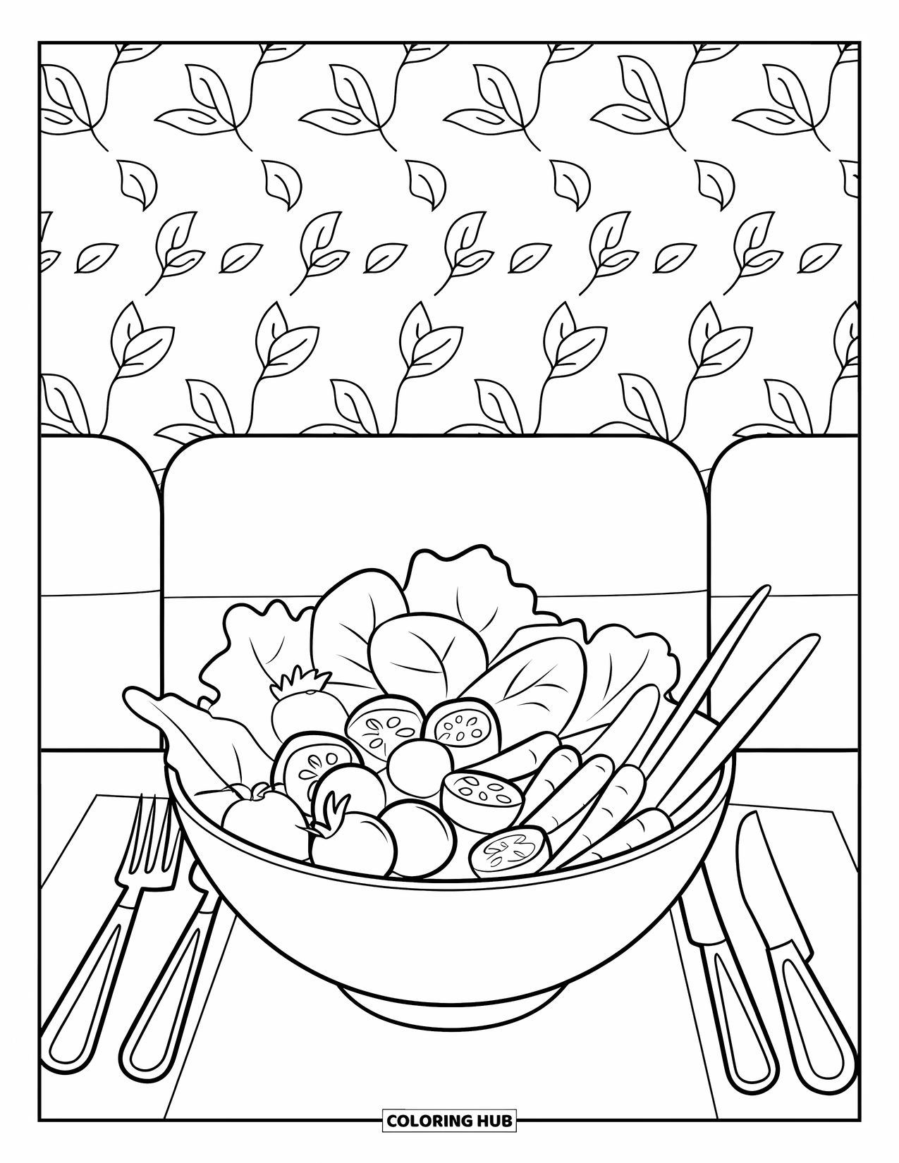 Restaurant Coloring Page for Kids: Fresh salad with lettuce and tomatoes rests on a table with fork and knife nearby