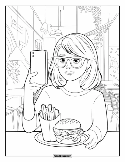 Coloriage de restaurant pour enfants : Une fille à lunettes prend un selfie avec de la nourriture près de graffitis dans un café moderne