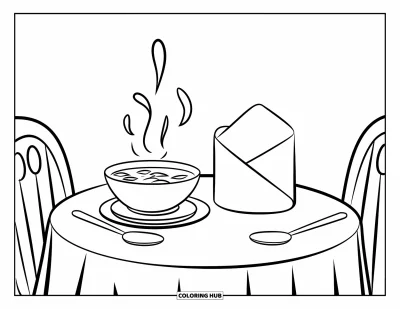 Coloriage de restaurant pour enfants : Une soupe chaude avec un porte-serviettes repose entre deux chaises autour d'une table