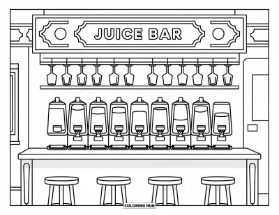 Coloriage de restaurant pour enfants : Bar à jus avec des distributeurs étiquetés, des tabourets et une enseigne au mur du fond