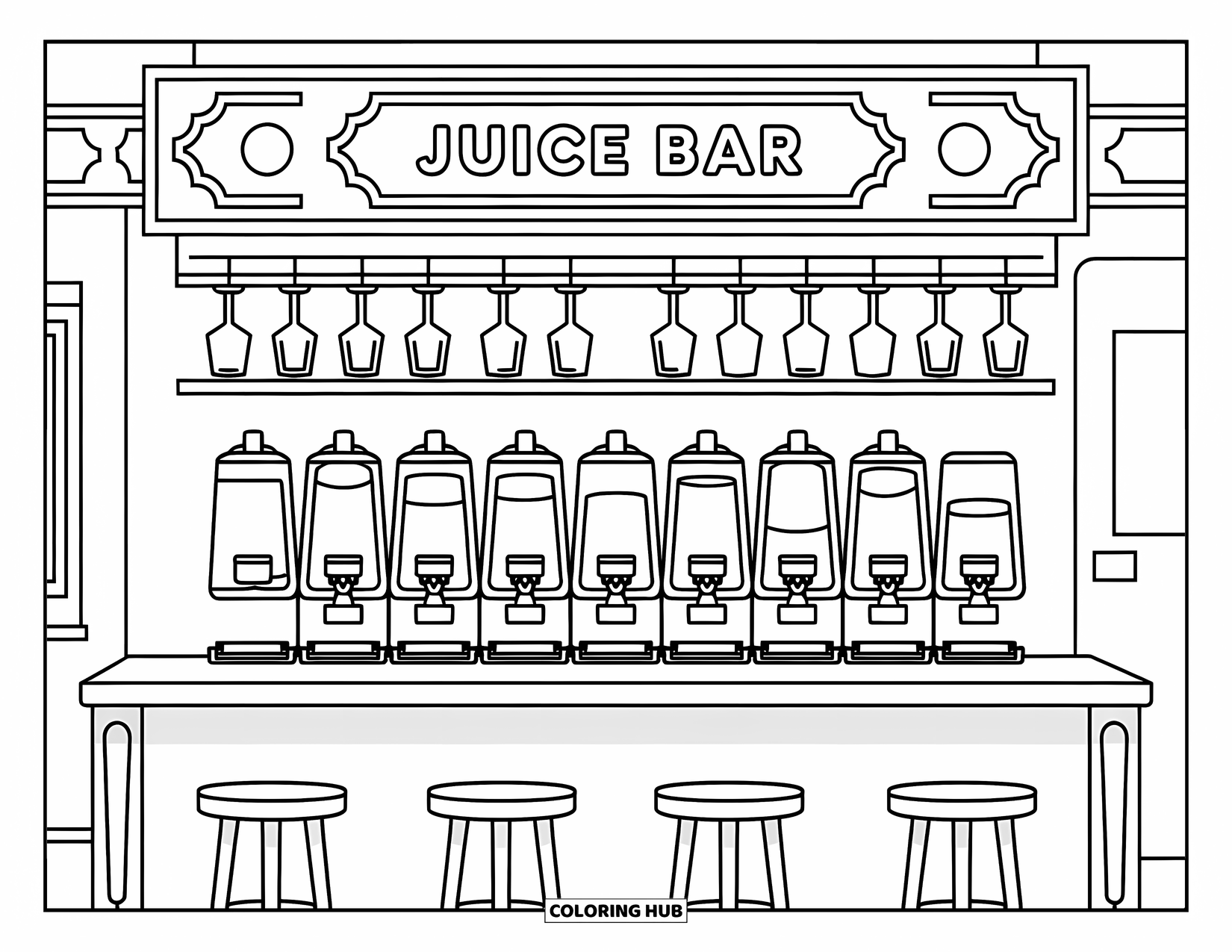 Restaurant Coloring Page for Kids: Juice bar with labeled dispensers, stools, and a sign on the back wall