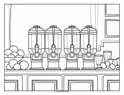 Coloriage de restaurant pour enfants : Comptoir à jus avec des fruits, des verres et un fond à motifs