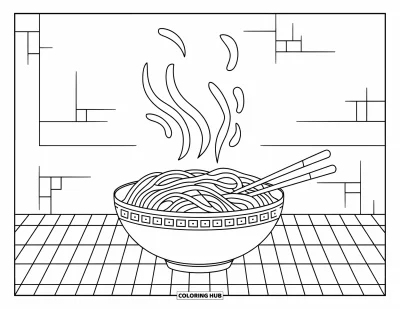 Coloriage de restaurant pour enfants : Des nouilles fumantes sont posées à côté de baguettes sur une table près d'un mur décoré