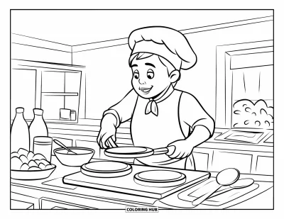 Coloriage de restaurant pour enfants : Un chef qui fait sauter des crêpes se tient derrière un comptoir en bois garni de bols et d'ustensiles