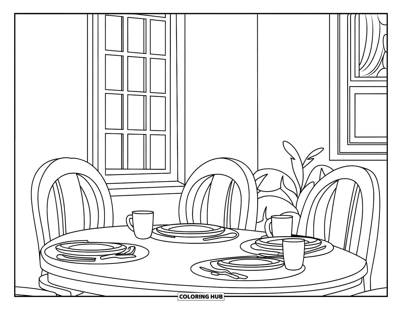 Restaurant Coloring Page for Kids: Plates and cups rest on a table near a plant and a window