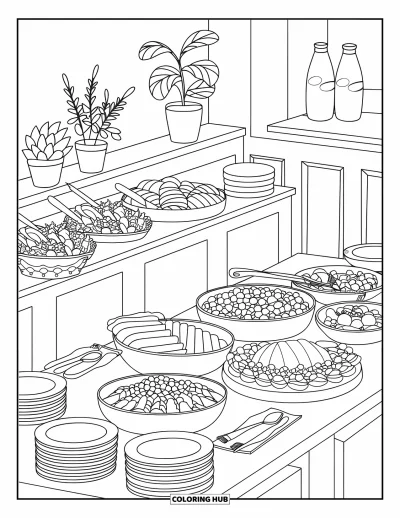 Coloriage de restaurant pour enfants : Un buffet animé regorge de viandes rôties et d'un bar à salades avec des assiettes et des condiments