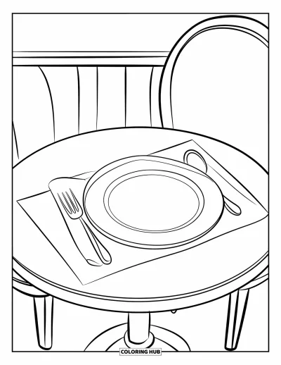 Coloriage de restaurant pour enfants : Une table ronde dressée avec une assiette, une fourchette et une cuillère, seule dans la pièce