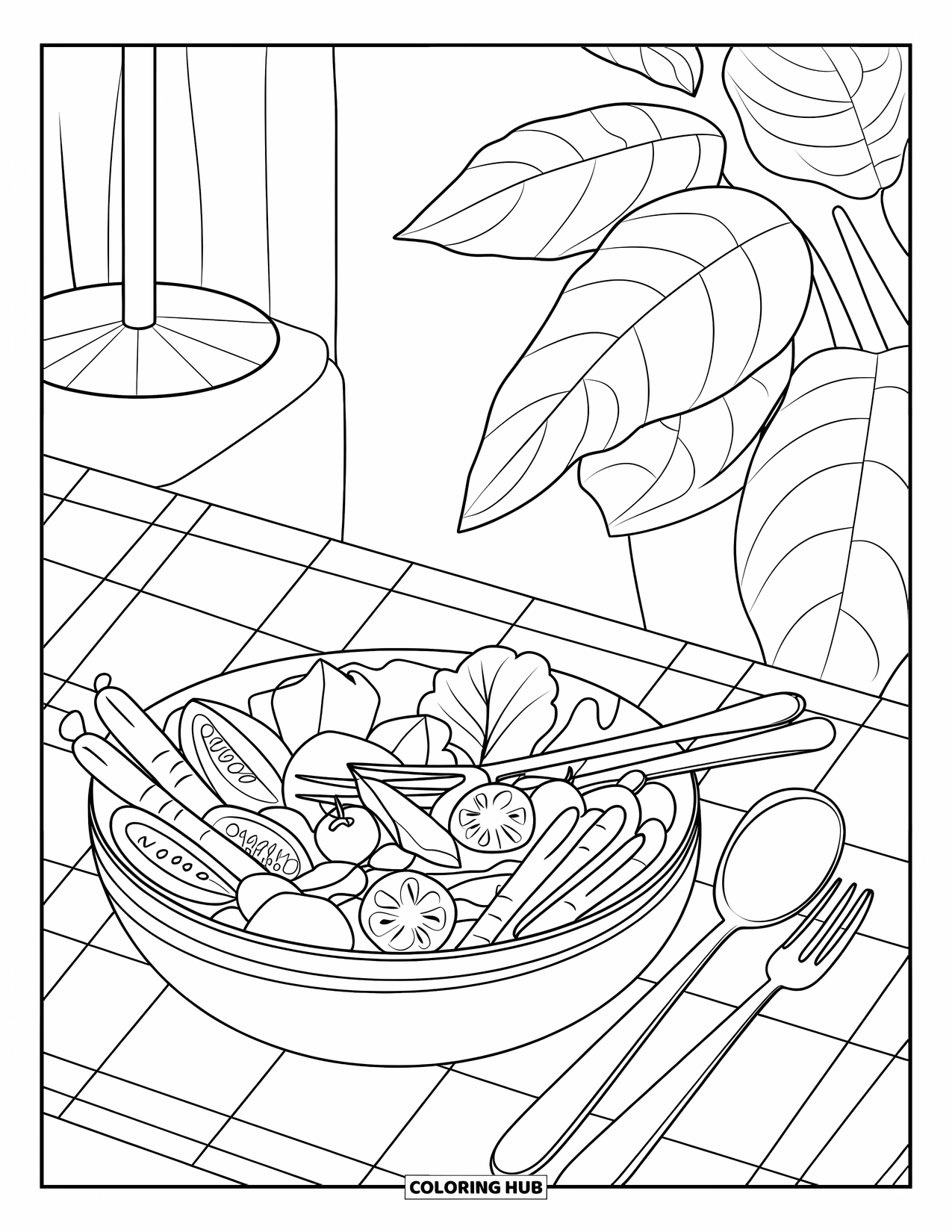 Restaurant Coloring Page for Kids: Salad bowl filled with veggies sits on a checkered table with utensils and a plant nearby