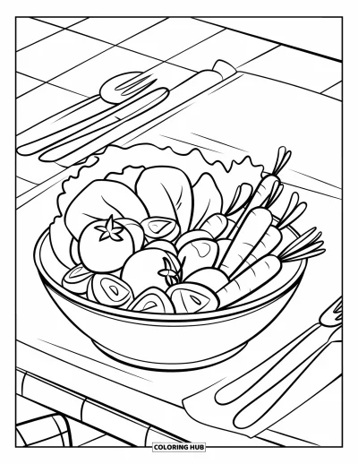 Coloriage de restaurant pour enfants : Un saladier avec des légumes et des couverts posé sur une table à carreaux de restaurant